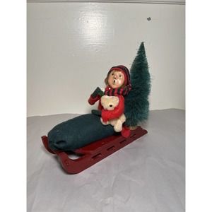 Byer's Choice CAROLERS Boy on SLED w Teddy Bear & Christmas Tree Vintage 1987